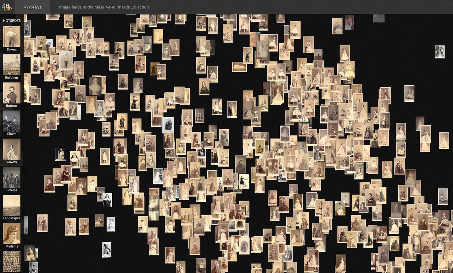 View from PixPlot of scattered photographs from the Meserve Kunhardt Collection
