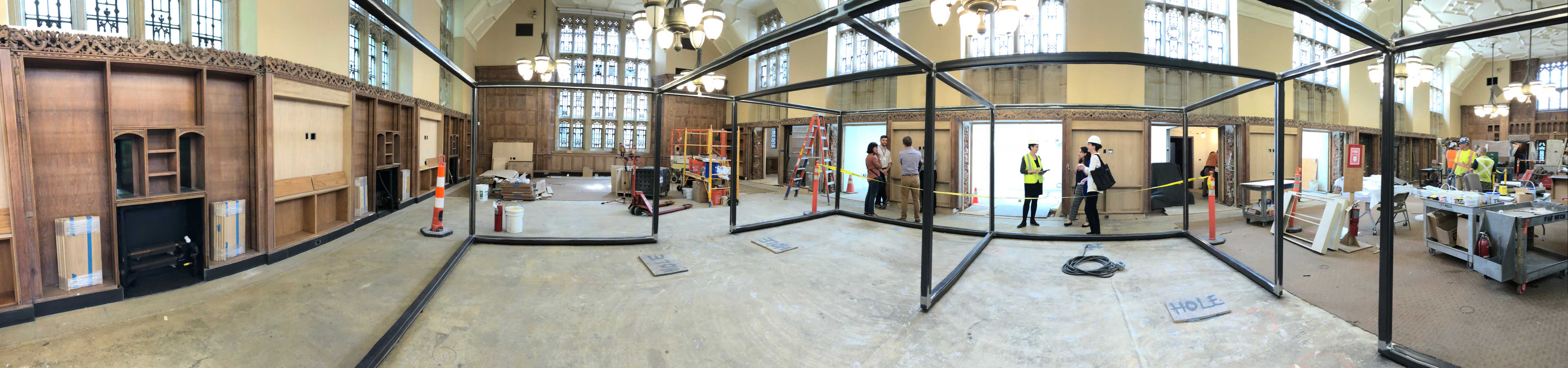 Panoramic view of the framing for the Special Projects Cube space